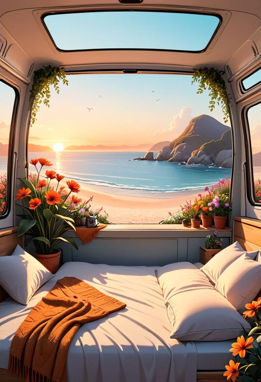inside a cozy campervan, comfy bed and warm blanket, plants, flowers, decoration, view from the back on quiet beach, sunrise, peaceful, vibrant colors, lineart