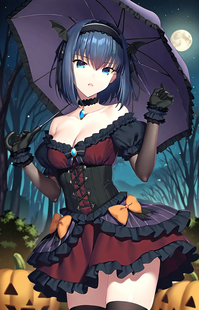 1girl, solo, kuonji alice, questionable, black choker, black gloves, black thighhighs, cleavage, collarbone, corset, cowboy shot, frilled skirt, frills, full moon, gem, halloween costume, hands up, holding umbrella, miniskirt, night, open mouth, orange bow, outdoors, pumpkin, red bow, red skirt, starry background, winged hairband, masterpiece, best quality, 8k, absurdres, very aesthetic,
<lora:Kuonji_ailcev2:0.8>