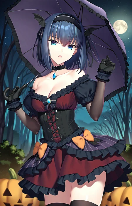 1girl, solo, kuonji alice, questionable, black choker, black gloves, black thighhighs, cleavage, collarbone, corset, cowboy shot, frilled skirt, frills, full moon, gem, halloween costume, hands up, holding umbrella, miniskirt, night, open mouth, orange bow, outdoors, pumpkin, red bow, red skirt, starry background, winged hairband, masterpiece, best quality, 8k, absurdres, very aesthetic,
<lora:Kuonji_ailcev2:0.8>