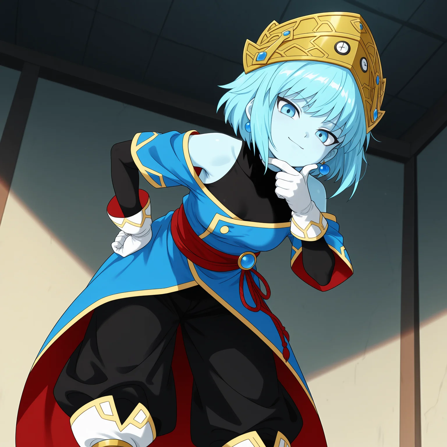 masterpiece, best quality, amazing quality, anime screencap, 1girl, solo, standing, cowboy shot, from below, leaning forward, stroking own chin, hand on own hips, looking at viewer, light smile, <lora:AeosDB:0.9>, aeosDB, blue hair, short hair, blue eyes, blue skin, small breasts, earrings, crown, black undershirt, bare shoulders, blue off-shoulder coat, black baggy pants, white gloves, white boots,