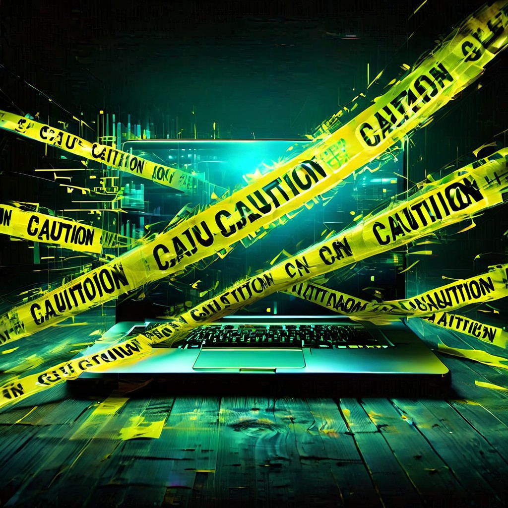 a computer screen covered with caution tape