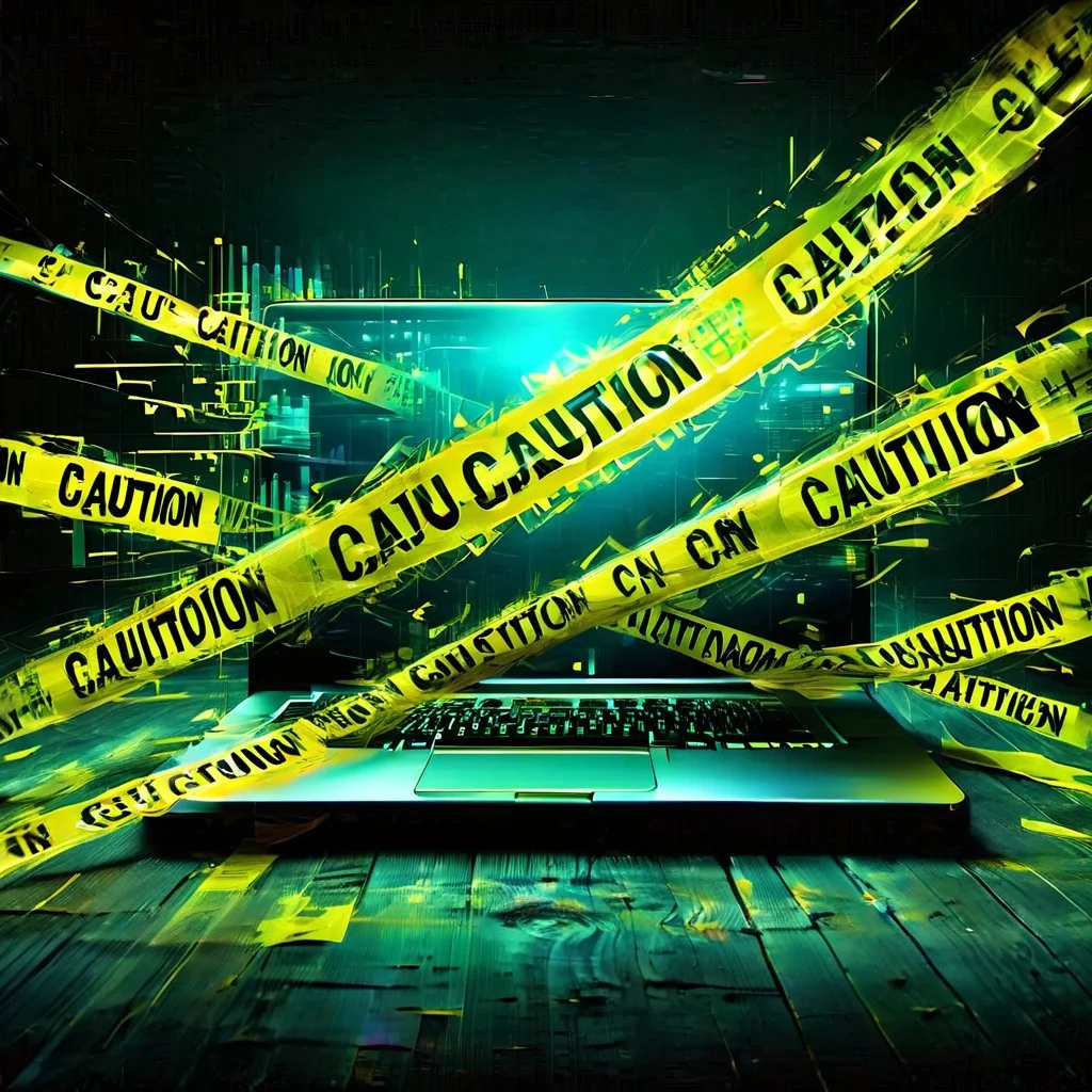 a computer screen covered with caution tape
