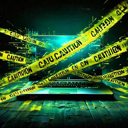a computer screen covered with caution tape