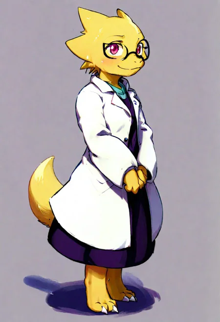 alphys_(undertale), blush, 1girl, white background, simple background, labcoat, glasses, tail