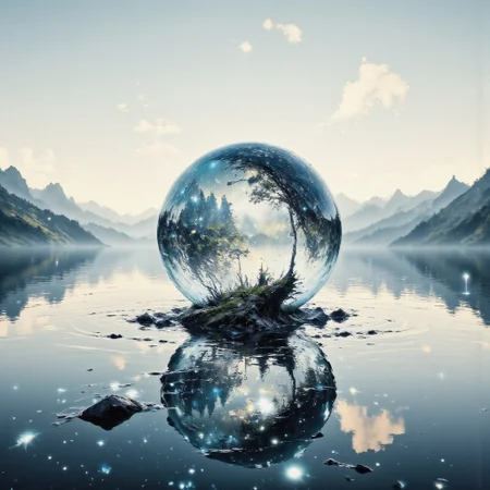 An infinite, calm water surface stretches across the scene, reflecting the soft pastel hues of a serene sunset. Above the water floats a perfectly round, transparent glass sphere, glistening faintly with refracted light, its surface shimmering with refracted light that captures faint glimmers of distant stars and the silhouettes of serene trees. Surrounding the sphere are delicate ripples in the water, creating a mesmerizing interplay of motion and stillness. Distant mountains fade into the misty horizon, adding depth and tranquility. The sphere's transparency captures hints of the sky and surroundings, merging the ethereal with the natural in a harmonious, surreal atmosphere.