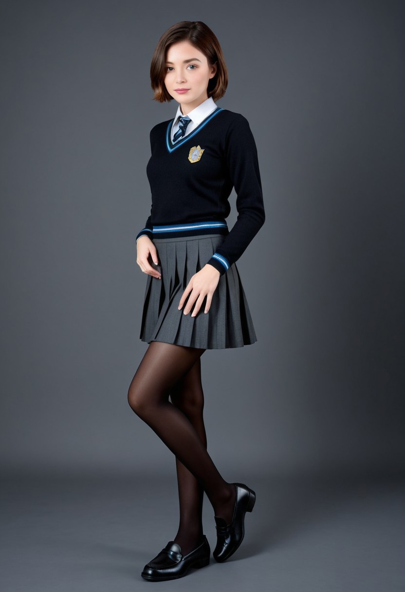 newest, masterpiece, best quality, 4k,
black background, very aesthetic, detailed background, full body,standing on one leg,
1girl, ,solo, brown eyes, brown hair, short hair,<lora:hogwarts_uniforms:1>ravenclaw,black sweater, pleated skirt, grey skirt, pantyhose, black loafers, blue necktie, striped necktie, blue trim, bronze trim, emblem