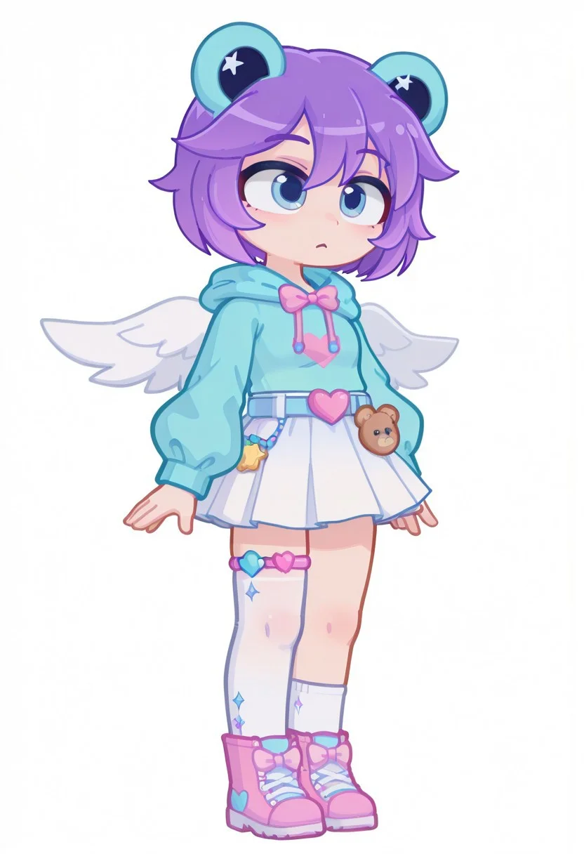 masterpiece,best quality,amazing quality, FTROGY5, GachaFTROGY5, Gacha, girl, purple hair, bob haircut, blue frog ears, Blue eyes, turquoise hoodie, Belt with a pink heart, white wings, big eyes, pink bow, white skirt, checker on the leg, White stocking, pink boots with teddy bears