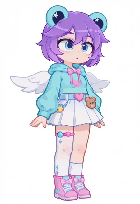 masterpiece,best quality,amazing quality, FTROGY5, GachaFTROGY5, Gacha, girl, purple hair, bob haircut, blue frog ears, Blue eyes, turquoise hoodie, Belt with a pink heart, white wings, big eyes, pink bow, white skirt, checker on the leg, White stocking, pink boots with teddy bears