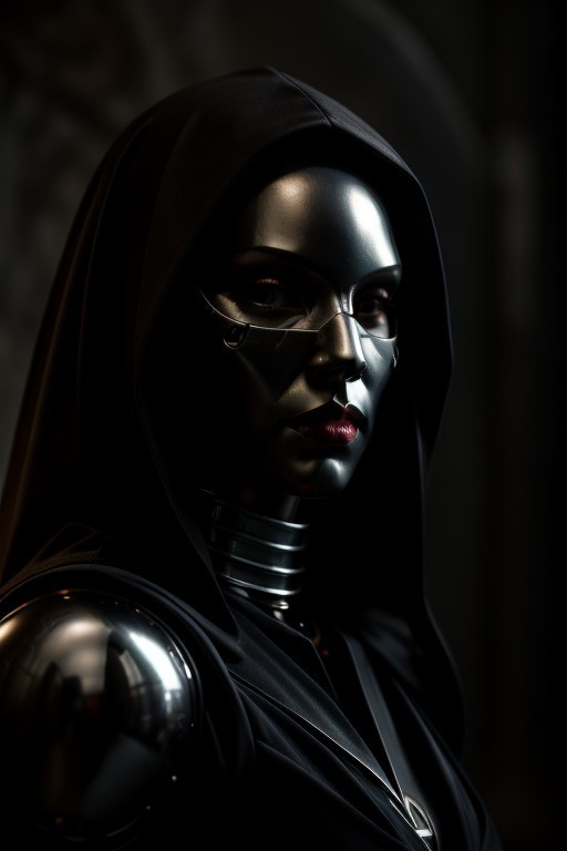 ((very beautiful)) cyborg woman, 30 years old, (beautiful:1.75), (gothic makeup:0.99), (Red Lipstick:1), (anime:0.35), (oval face:0.25), (top model), (((body parts are made of metal))), (metal mask:0.02), (Halloween), (night), (noir), (front view:1.25), (elegant), 10 minutes before the world will end, (back light),  hyper-realistic, (ultra-detailed:1), (insanely detailed:1), 4k, 8k, (realistic), (best quality), (HD), shot on portra 400, fujifilm xt3,  raw photo, (((masterpiece))), sense of depth,  ((perfect composition)), rule of thirds, (style of Leonardo Da Vinci:0.10), style of Caravaggio, Perfect hand, Hand, (detailed hand),  beautiful lighting
