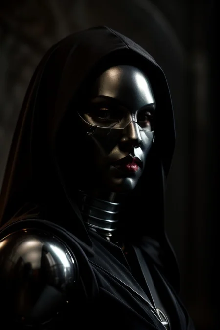 ((very beautiful)) cyborg woman, 30 years old, (beautiful:1.75), (gothic makeup:0.99), (Red Lipstick:1), (anime:0.35), (oval face:0.25), (top model), (((body parts are made of metal))), (metal mask:0.02), (Halloween), (night), (noir), (front view:1.25), (elegant), 10 minutes before the world will end, (back light),  hyper-realistic, (ultra-detailed:1), (insanely detailed:1), 4k, 8k, (realistic), (best quality), (HD), shot on portra 400, fujifilm xt3,  raw photo, (((masterpiece))), sense of depth,  ((perfect composition)), rule of thirds, (style of Leonardo Da Vinci:0.10), style of Caravaggio, Perfect hand, Hand, (detailed hand),  beautiful lighting