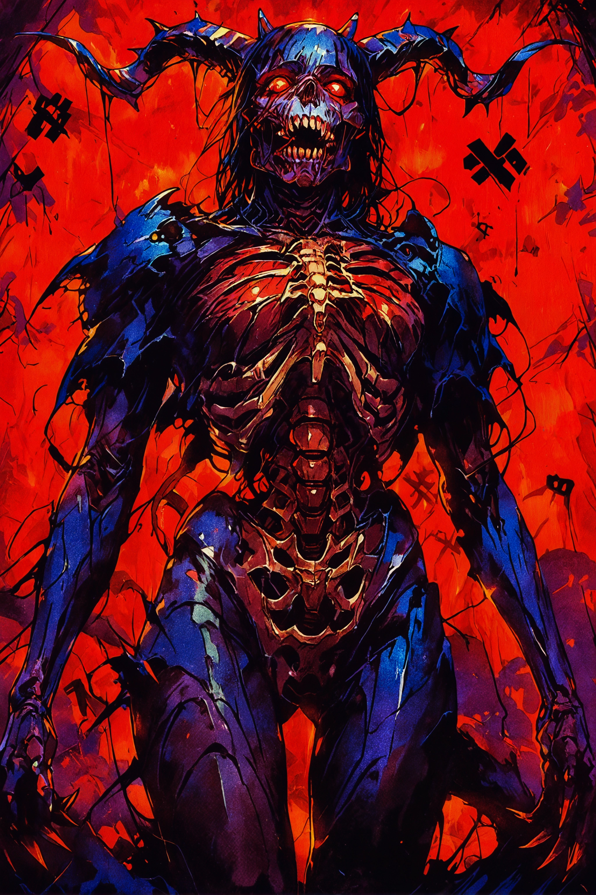 masterpiece, best quality, absurdres, retro artstyle, knva, bloom, high contrast, detailed texture, retro illustration, vibrant metallic colors, Matte_Painting,,impressionism, very aesthetic, dark fantasy, creature, demon, skeletal figure, blue skin, red eyes, horns, glowing eyes, muscular physique, sharp claws, red background, dark atmosphere, gothic style, horror theme, eerie, supernatural, menacing, detailed textures, sharp teeth, menacing expression, skeletal structure, glowing elements, shadowy figure, ethereal, otherworldly, intense colors, contrast, menacing posture, standing pose, digital painting, horror art, dark fantasy creature, surreal, haunting, mysterious, dramatic lighting, high contrast, detailed shading, horror illustration, fantasy art, eerie glow, glowing outlines, intense colors, horror theme, supernatural being, dark fantasy creature, menacing presence, gothic horror, dark fantasy art, horror illustration, dark aesthetic, dark fantasy genre.,