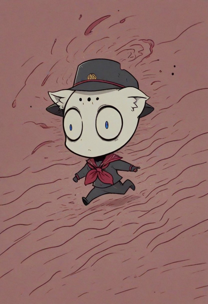 (solo:1.2),1mutant, white skin, red Circle Eye, hidden mouth, hyena ear, no humans, Red Tam O Shanter Hat, red neckerchief, drill hand, running, school at Cairo, Blood_Covered, neonnightmare, 2d, flat illustration, cosmic horror, Style of MFKZ and Fujiko Fujio