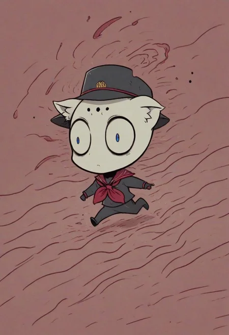 (solo:1.2),1mutant, white skin, red Circle Eye, hidden mouth, hyena ear, no humans, Red Tam O Shanter Hat, red neckerchief, drill hand, running, school at Cairo, Blood_Covered, neonnightmare, 2d, flat illustration, cosmic horror, Style of MFKZ and Fujiko Fujio