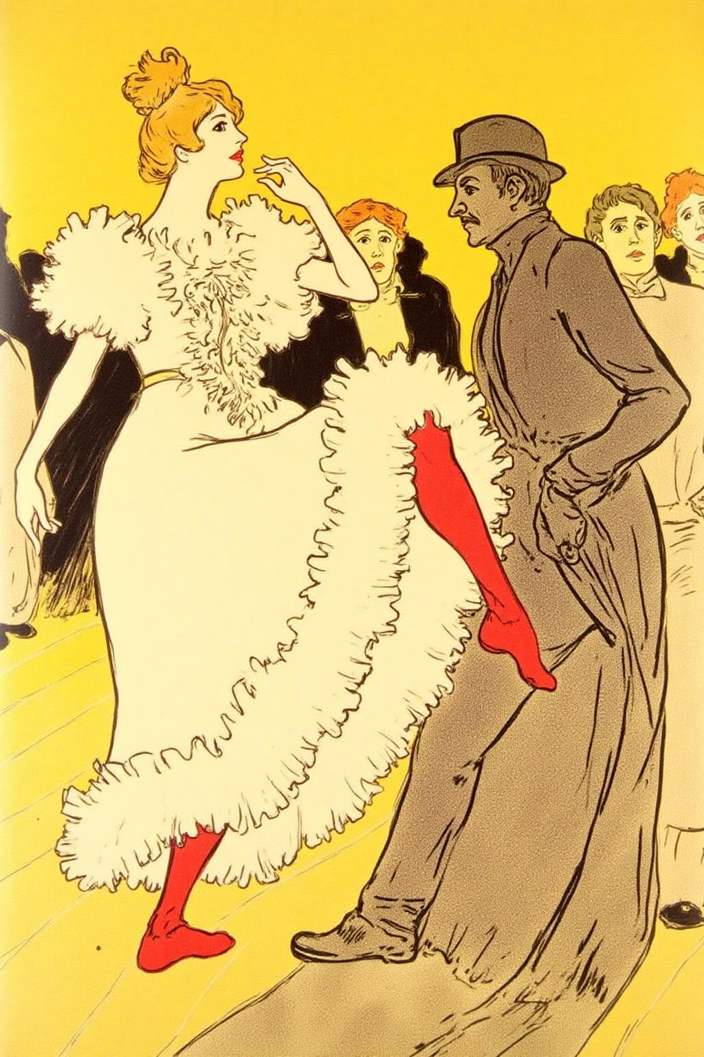 lautrec1 illustration 
The scene depicts a lively, whimsical dance performance. The background is a warm, golden yellow, creating a vibrant, theatrical atmosphere. The main subjects are two figures. In the foreground, on the left, a woman is dancing. She has light skin and wears a voluminous, flowing white dress with intricate, ruffled details, reminiscent of a ballerina's tutu. Her hair is styled in an updo, and she has a delicate, ethereal appearance. She is wearing red stockings, which contrast vividly against her white dress, adding a pop of color. Her right leg is lifted high, and her left arm is extended, suggesting she is in the middle of a dance. On the right, a man is depicted in a more muted, darker tone, likely to emphasize the contrast.
 <lora:lautrec1_cap_d6a3e11:1.0><lora:810950277432862524:0>
