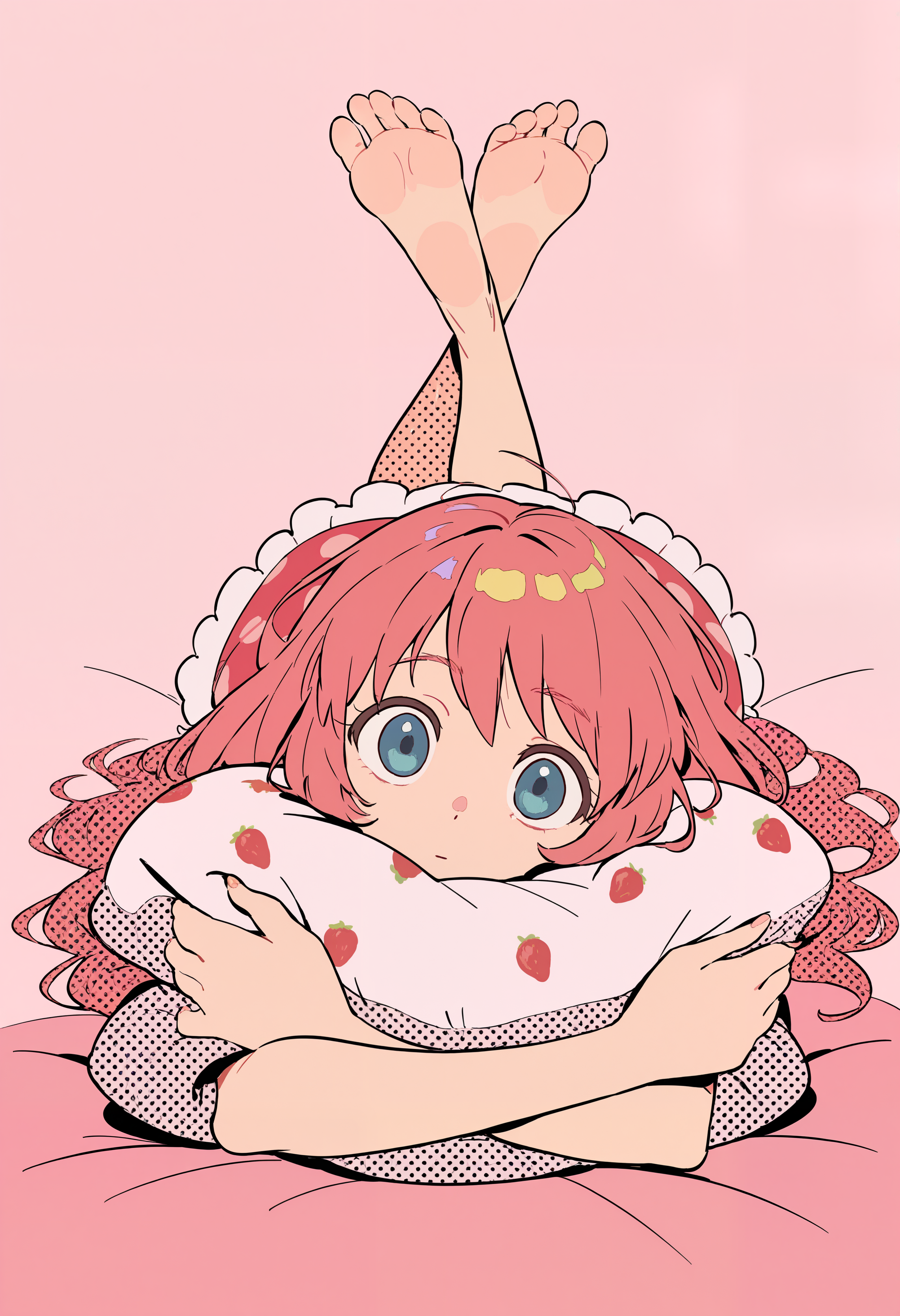 amazing quality, newest, absurdres, halftone \(texture\),   1girl, solo, lying, on stomach, strawberry pillow, straight-on, looking at viewer, feet up, crossed ankles, head on pillow, head tilt, pillow hug,  <lora:semham4>