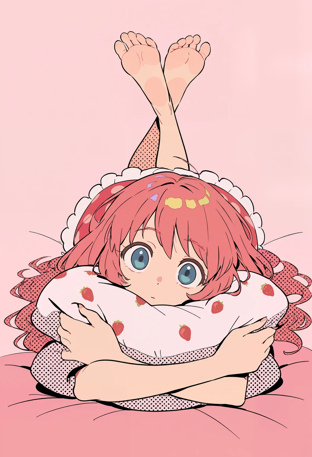 amazing quality, newest, absurdres, halftone \(texture\), 1girl, solo, lying, on stomach, strawberry pillow, straight-on, looking at viewer, feet up, crossed ankles, head on pillow, head tilt, pillow hug, <lora:semham4>