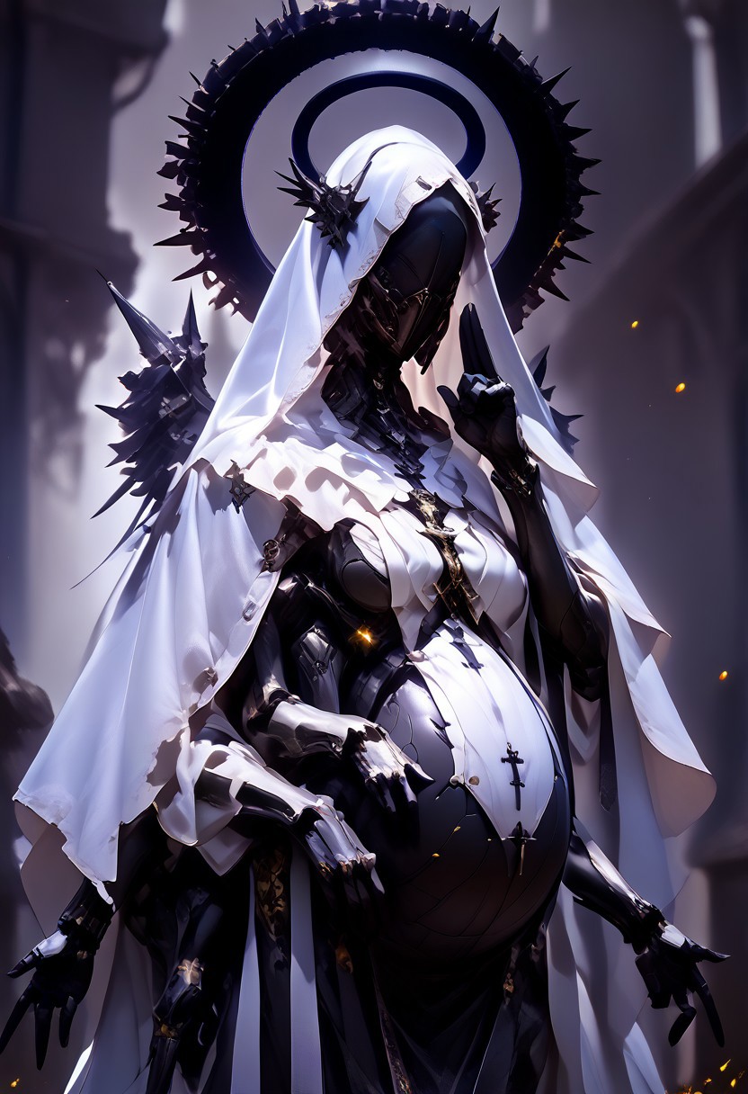 ((Realistic)), (score_9, score_8_up),((Pregnant)), score_7_up, ((wings)), 1girl, jewelry, hood, necklace, armor, mask, halo, helmet, cross, (crown), veil, cloak, spikes, robe, covered face, al13ng0d, solo, veil, black skin, hood up, (((huge breast, saggy breast))), ((mcnm)), (blurry background), dark, CINE, (embers:1.4),
,
Break
((4arms, 4arm)), hand gesture, depth of field, hand gesture, dark and moody lighting, ruins, cathedral,
 <lora:unholy-000009:0.75>   <lora:CINE-000008:0.5>  <lora:add-detail-xl:-1> <lora:EnvyBetterHiresFixXL01:0:hr=1>