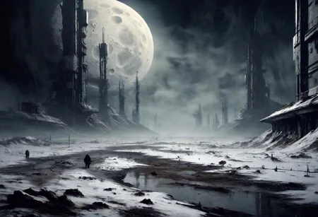 EdobHorrorLandscape,
A landscape of a deserted moon base,
hopeless, nightmare,
fog,
winter,
crimes, muders, gangs,