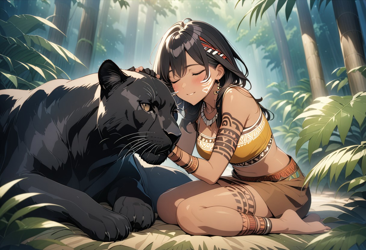 gorgeous lips, cinematic, (masterpiece), (best quality), (ultra-detailed), very aesthetic, illustration, perfect composition, intricate details, absurdres, detailed face, (anime, masterpiece, intricate:1.3), (best quality, hires textures, high detail:1.2), full body shot
1girl, brown skin, tan skin, very long black hair, (messy hair:1.1), perfecteyes, 8k, highest quality, ultra details,( tribal girl:1.2),( tribal paint on body, tribal face paint, tribal tattoos:1.7), beaded necklace, bone necklace, bone earrings, bone bracelets, bangles, medium breasts, toned body,  jungle, muddy brown deerskin cropped top with fur trim,( brown fur loin cloth:1.3), barefoot.,
smile, happy,, blush, jungle setting, hair blowing in the wind, skirt blowing in the wind, (cuddling with a sleeping black panther,:1.3)
BREAK, Tropical jungle, rainforest, filled with palm trees, ferns, tropical flowers, vines, coconuts, (petting a black panther,:1.5), night time