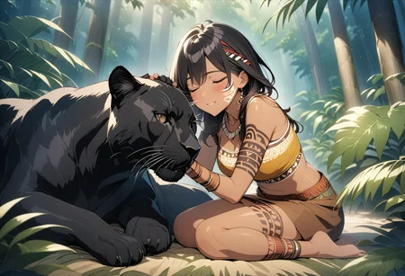 gorgeous lips, cinematic, (masterpiece), (best quality), (ultra-detailed), very aesthetic, illustration, perfect composition, intricate details, absurdres, detailed face, (anime, masterpiece, intricate:1.3), (best quality, hires textures, high detail:1.2), full body shot
1girl, brown skin, tan skin, very long black hair, (messy hair:1.1), perfecteyes, 8k, highest quality, ultra details,( tribal girl:1.2),( tribal paint on body, tribal face paint, tribal tattoos:1.7), beaded necklace, bone necklace, bone earrings, bone bracelets, bangles, medium breasts, toned body, jungle, muddy brown deerskin cropped top with fur trim,( brown fur loin cloth:1.3), barefoot.,
smile, happy,, blush, jungle setting, hair blowing in the wind, skirt blowing in the wind, (cuddling with a sleeping black panther,:1.3)
BREAK, Tropical jungle, rainforest, filled with palm trees, ferns, tropical flowers, vines, coconuts, (petting a black panther,:1.5), night time