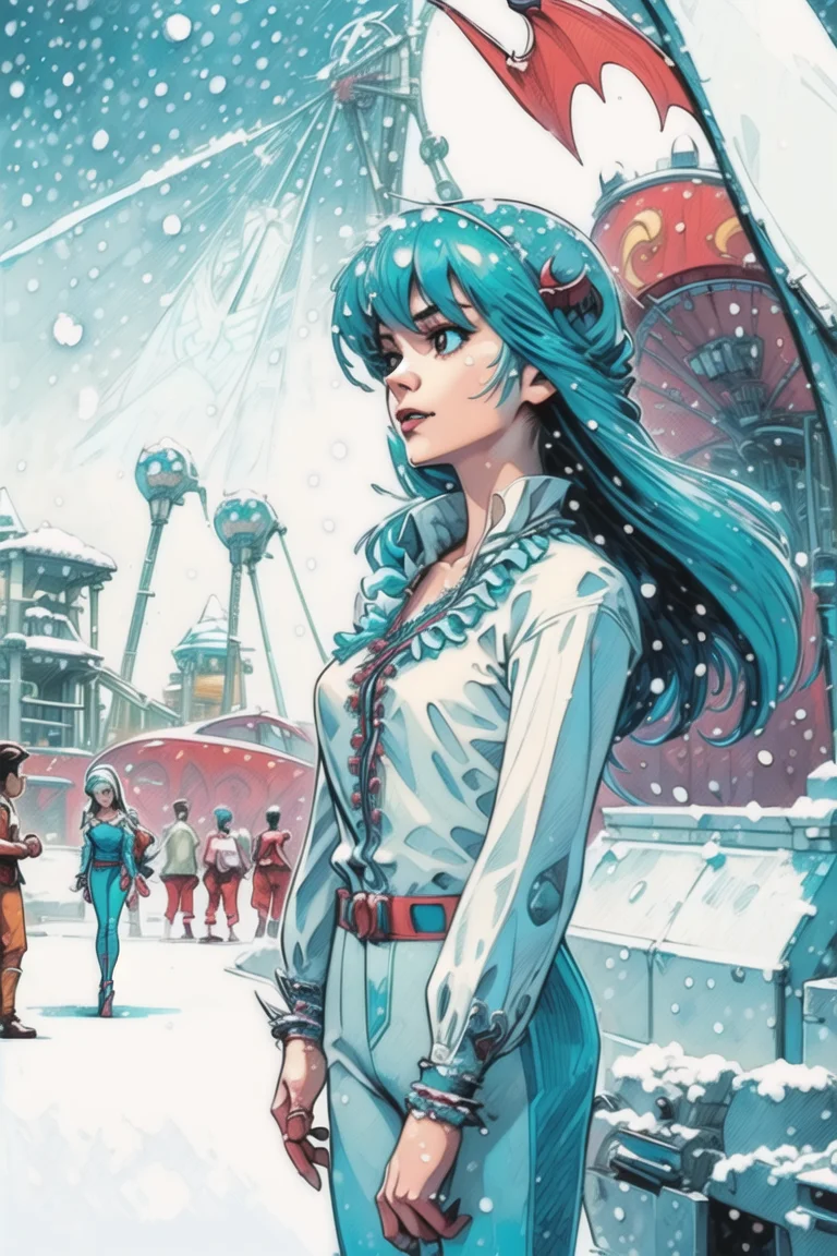 girl, upper body, (hotify:1.2), (vampire:1.4), (Snowing,Amusement Park:1.4),Slim,Very Small Breasts,(Thinking),Long Hair,Fringe,(turquoise Blouse,ivory Tapered Pants:1.3),neon genesis evangelion,Striped Thighhighs ,(masterpiece,detailed,highres:1.4) <lora:novel_bright:0.8>