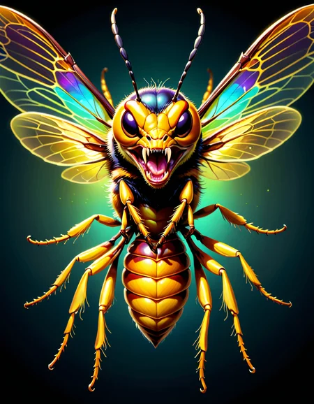 Positive prompt:
concept art of a hornet, yellow jacket, stinging somebody, angry expression, symmetrical iridescent wings, high quality, highly detailed,