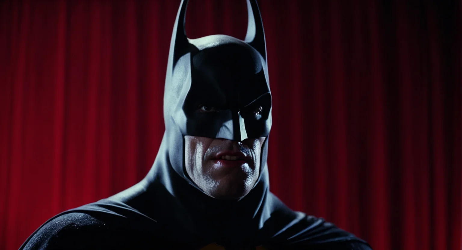 cinematic film still of Cinematic Film stock footage in (arri alexa style) Kodak film print, <lora:Batman Vampire:1> Batman Vampire a batman villain with a red background and vampire fangs, shallow depth of field, vignette, highly detailed, high budget, bokeh, cinemascope, moody, epic, gorgeous, film grain, grainy
