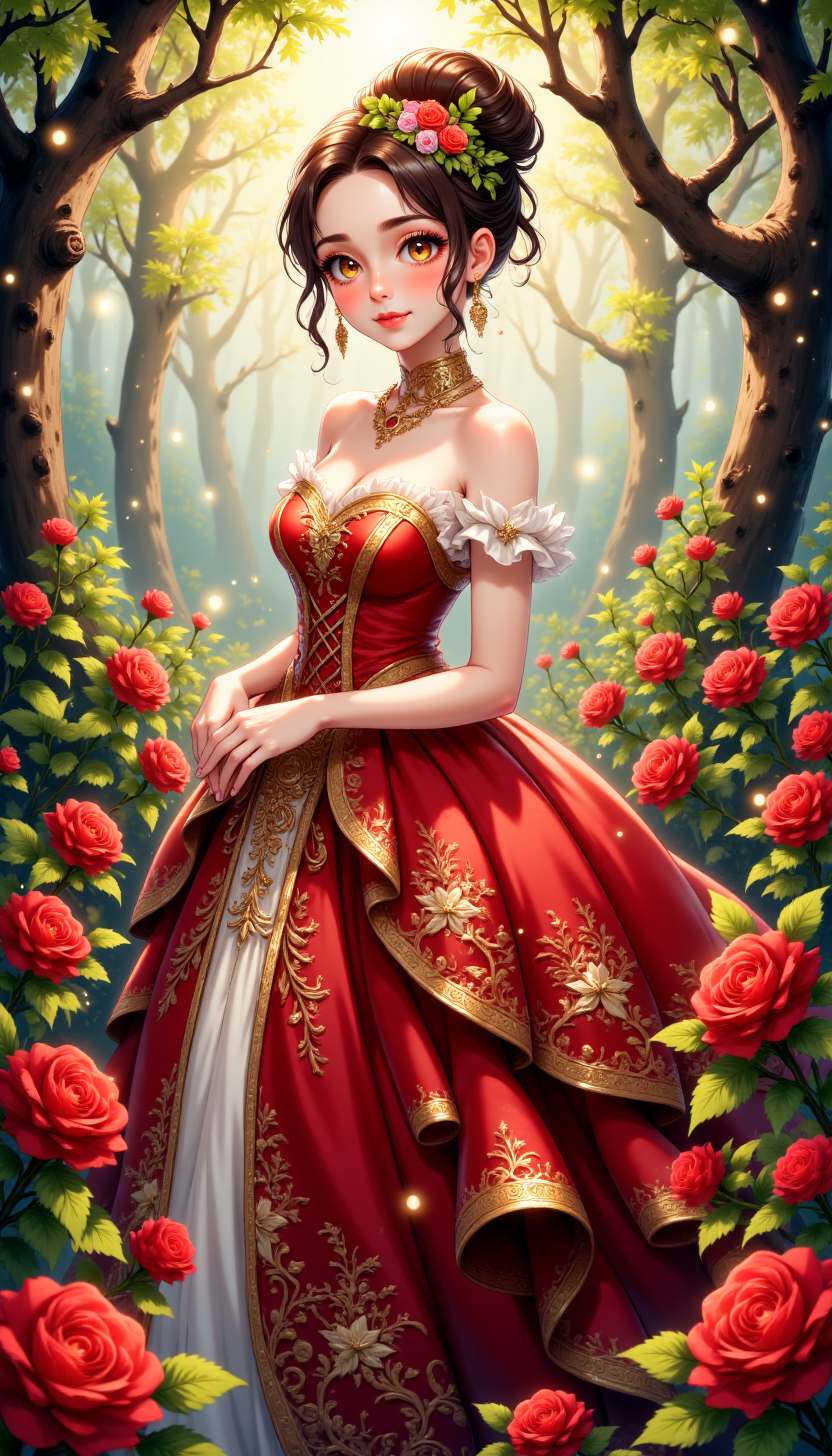 pinkmysticanime,
Rose Garden Princess: A princess with chestnut brown hair styled in a voluminous bun, with small roses and vines framing her face. She wears a romantic red and gold gown with intricate rose-patterned embroidery and a long, flowing train. The background is a lush, enchanted rose garden, with glowing fireflies and soft sunlight filtering through the trees.