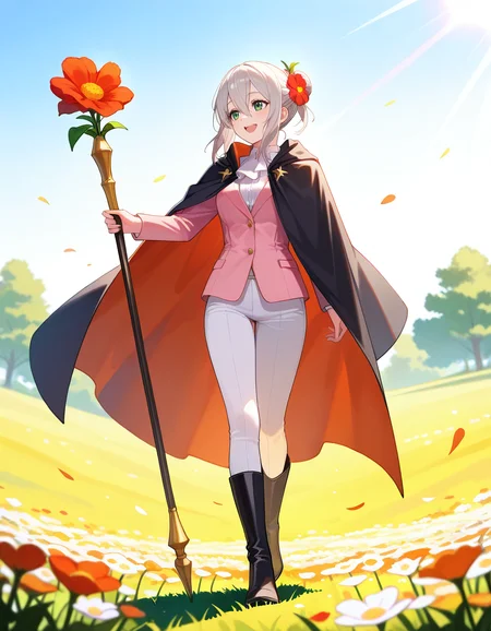 masterpiece, best_quality, high_quality, highres, extremely_detailed, ultra_detailed, detailed_eyes, skin_detail, intricate. subject_focus, depth_of_field, clean_lines, sharp_focus, perfect_anatomy.
EffieFE, green eyes, silver hair, ponytail, 1girl, pink dress jacket, white pants, black shoulder cape, black boots, flower staff, black suit, flower in hair, holding flower,
flower field, walking, smiling, open mouth, sideview, sunny, sky, sunlight,