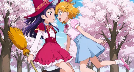 <lora:mahoutsukai_precure_all_in_one_illustXL_locon_v1:0.7> masterpiece, best quality, absurdres, very aesthetic, general, 2girls, cherry blossoms, outdoors, nature, from side, spring (season), tree,
izayoi liko, magic school uniform, mgcschl uniform, purple hair, blunt bangs, shiny hair, sidelocks, long hair, straight hair, purple eyes, pink eyes, eyelashes, eyebrows visible through hair, witch hat, red headwear, hat bow, pink bow, plaid bow, red bow, bowtie, pink neckwear, plaid neckwear, red neckwear, capelet, white shirt, collared shirt, long sleeves, frills, red skirt, frilled skirt, high-waist skirt, suspender skirt, black socks, frilled legwear, black legwear, mary janes, pink footwear, broom, holding broom, floating, :d, flying, sweatdrop, surprised, looking at another, eye contact,
asahina mirai, casual, blonde hair, short hair, half updo, shiny hair, braid, hair bow, pink bow, eyebrows visible through hair, purple eyes, eyelashes, pink shirt, collared shirt, plaid shirt, blouse, puffy short sleeves, blue skirt, high-waist skirt, miniskirt, pink ribbon, neck ribbon, pink neckwear, white legwear, white socks, pink footwear, footwear bow, profile, smile, open mouth, talking, looking at another, eye contact, standing on one leg,
