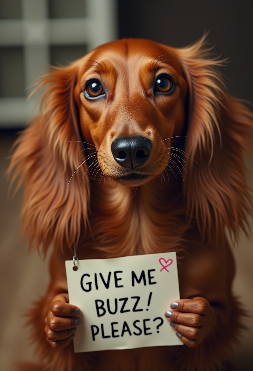 A cinematic photograph of a dog. A red long hair Kaninchen dachshund is looking up at you with pleading eyes, holding a sign that says 'GIVE ME BUZZ! PLEASE?' in its paws. Manga-like effects show heart marks coming from its eyes.