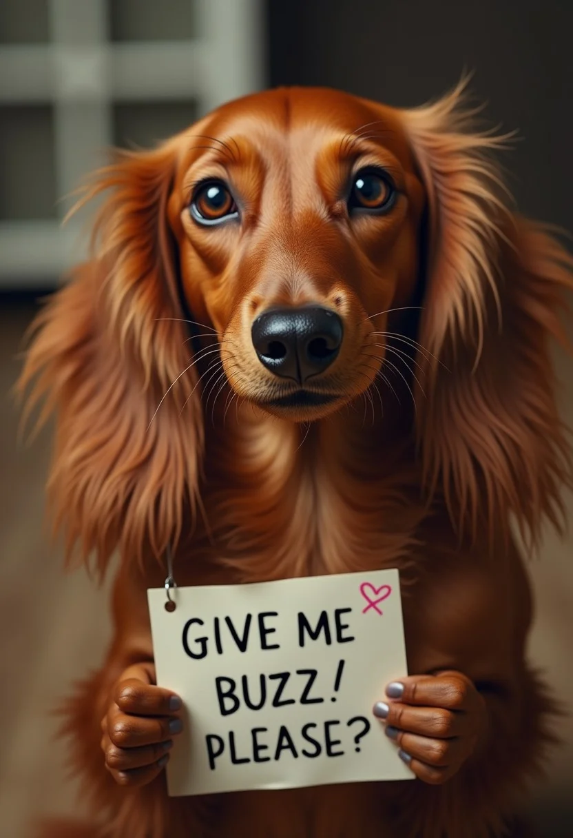 A cinematic photograph of a dog. A red long hair Kaninchen dachshund is looking up at you with pleading eyes, holding a sign that says 'GIVE ME BUZZ! PLEASE?' in its paws. Manga-like effects show heart marks coming from its eyes.