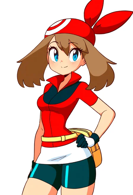 masterpiece, best quality, 1girl, solo, eyelashes, (beautiful eyes), zzMay, may (pokemon), solo, brown hair, blue eyes, medium hair, red shirt, bike shorts, red bandana, red shirt, gloves, white miniskirt, yellow belt, <lora:MayPokemon_NAI:1.0>, smile, looking at viewer, cowboy shot, ,<lora:Diives_NAI:1.0>,