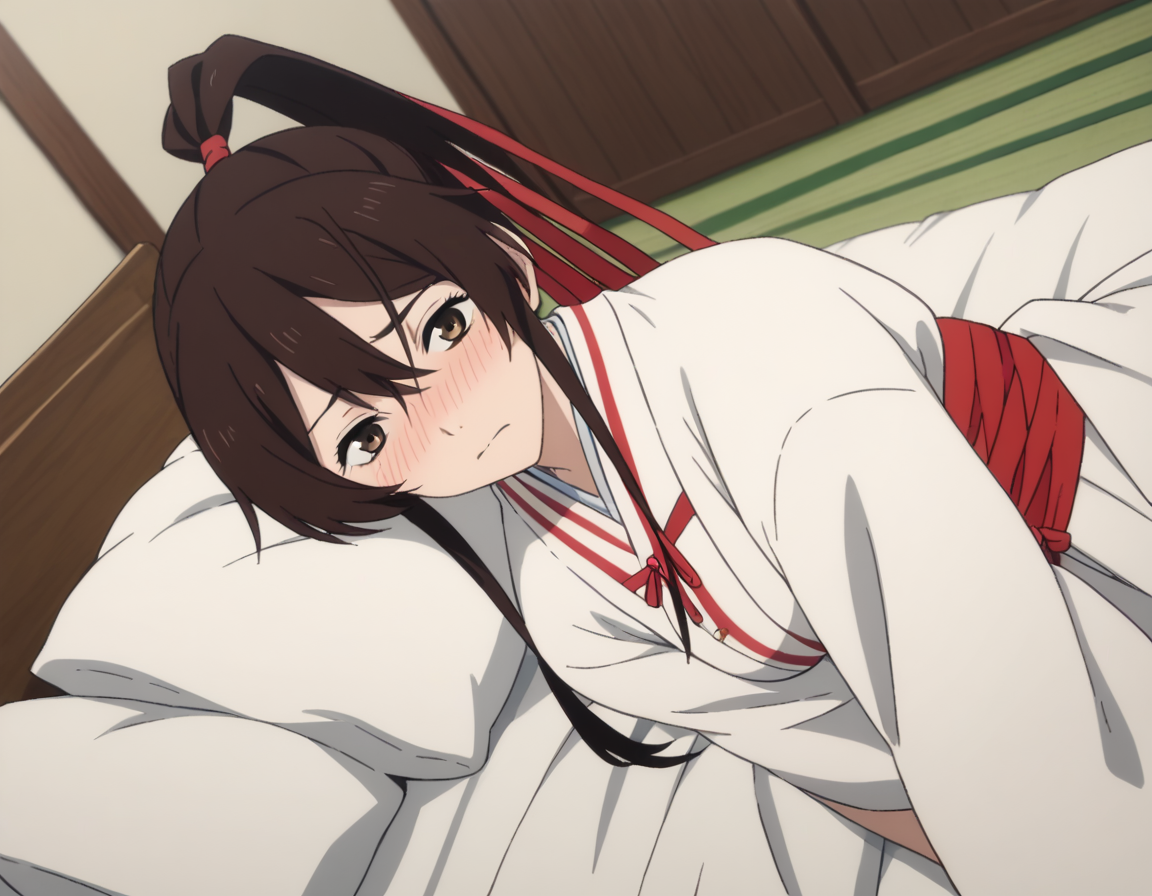 score_9, score_8_up, score_7_up, source_anime,
sagiriyamadaasaemon, <lora:sagiri-yamada-asaemon-s1-ponyxl-lora-nochekaiser:1>,
sagiri yamada asaemon, long hair, black hair, ponytail, high ponytail, brown eyes,
japanese clothes, kimono, hakama,
indoors, bed, bed room, on side, blush, drunk,
solo, dutch angle, looking at viewer, cowboy shot,