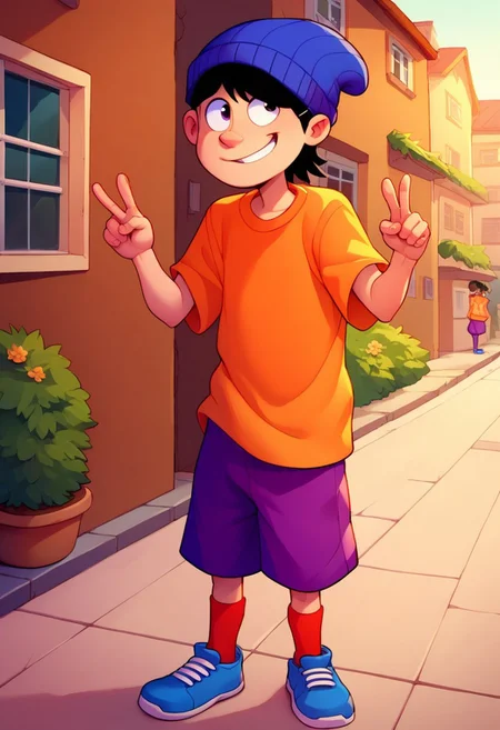 score_8, score_8_up, score_7_up, score_6_up, source_cartoon, BREAK, 1boy, solo, male focus,, Double D, beanie, black hair, orange shirt, purple shorts, red socks, blue shoe, suburb background, cul-de-sac background, street, sidewalk, house, building,