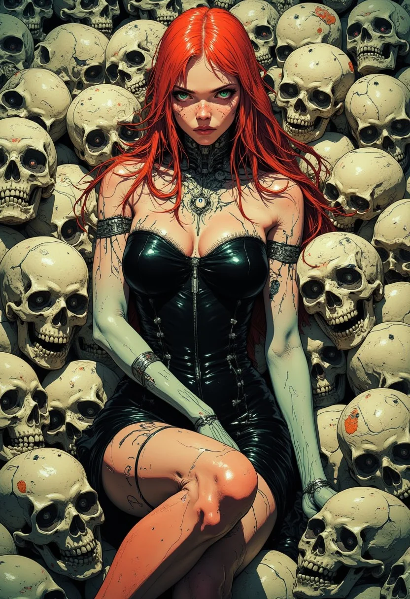 a sensuous woman wearing sexy goth dress surrounded by a pile of human skulls. The woman's alluring gaze and sensual pose convey a sense of cold, calculated evil. She has slim body with small breasts, red long hair, pale skin, freckles and green eyes.The juxtaposition of the organic human skulls with sexy pose of the woman emphasizes the deadly impact of beauty and femme fatale. The overall atmosphere is one of dread and impending doom, reflecting the iconic horror and sci-fi themes.
anime_martz, anime_source, DB4RZ, DB4RZ style painting, anime, cyberpunk