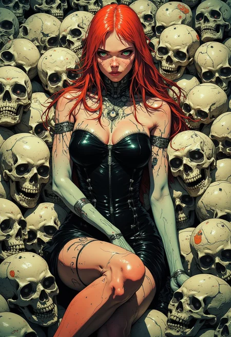 a sensuous woman wearing sexy goth dress surrounded by a pile of human skulls. The woman's alluring gaze and sensual pose convey a sense of cold, calculated evil. She has slim body with small breasts, red long hair, pale skin, freckles and green eyes.The juxtaposition of the organic human skulls with sexy pose of the woman emphasizes the deadly impact of beauty and femme fatale. The overall atmosphere is one of dread and impending doom, reflecting the iconic horror and sci-fi themes.
anime_martz, anime_source, DB4RZ, DB4RZ style painting, anime, cyberpunk