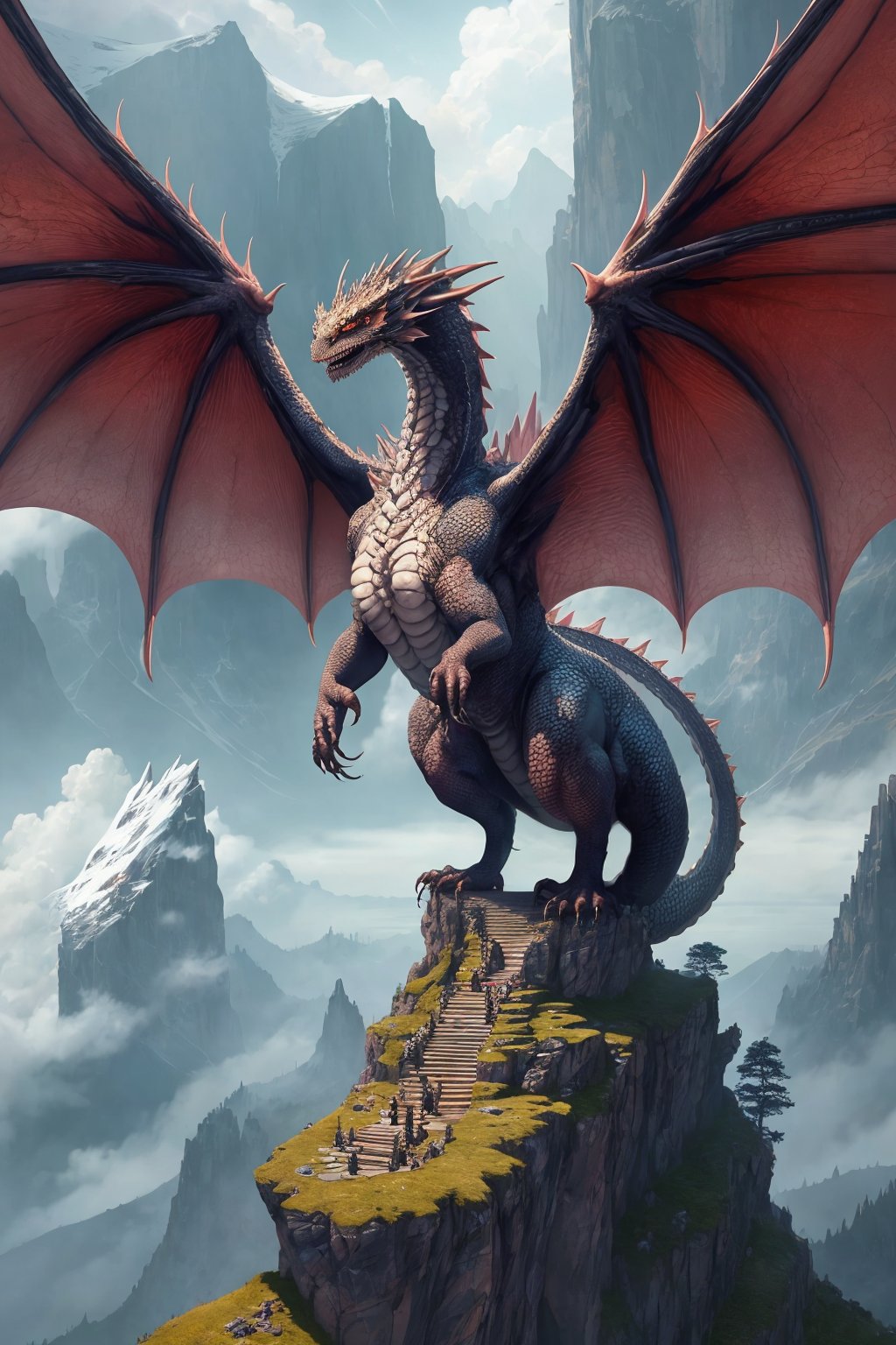 ancient dragon perched on mountain spire large wingspan
(masterpiece:1.2) (illustration:1.1) (best quality:1.2) (detailed) (intricate) (8k) (HDR) (wallpaper) (cinematic lighting) (sharp focus)