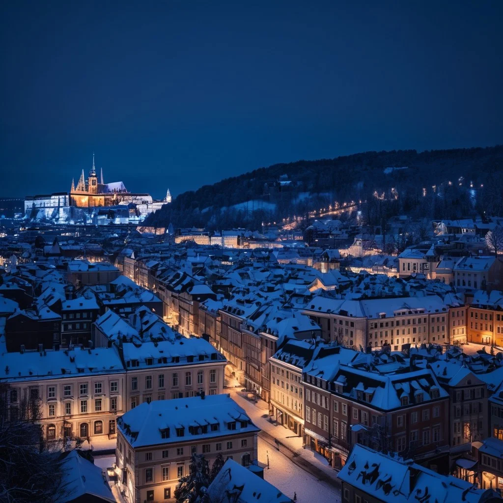 old european city covered with snow, night, cinematic lighting, ultra detailed, best quality, masterpiece, amazing, life-like, taken with Nikon Z9 camera, intrincate details, 8k
