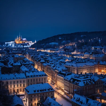 old european city covered with snow, night, cinematic lighting, ultra detailed, best quality, masterpiece, amazing, life-like, taken with Nikon Z9 camera, intrincate details, 8k
