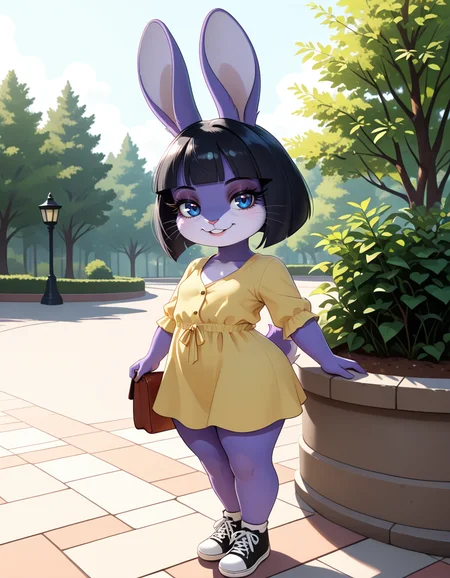 masterpiece, best quality, very aesthetic, absurdres,
outdoors, casual,
full body, posing,
seductive smile, parted lips, long eyelashes,
<lora:Marlenne_v02_NAIXL:1>
m4rl3nn3,1girl,solo,furry,furry female,rabbit girl,black hair,short hair,blunt bangs,rabbit ears,blue eyes,animal nose,whiskers,body fur,purple fur,rabbit tail,