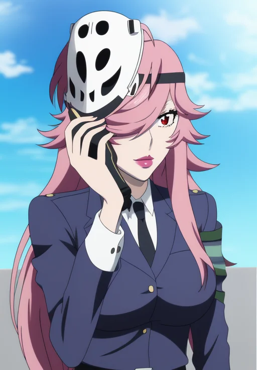 <lora:Yayoi_Kusakabe:0.8>, Yayoi_Kusakabe, 1girl, solo, red eyes, holding, outdoors, sky, day, cloud, hair over one eye, blue sky, parody, phone, cellphone, lipstick, black necktie, holding phone, mask on head, anime coloring, talking on phone