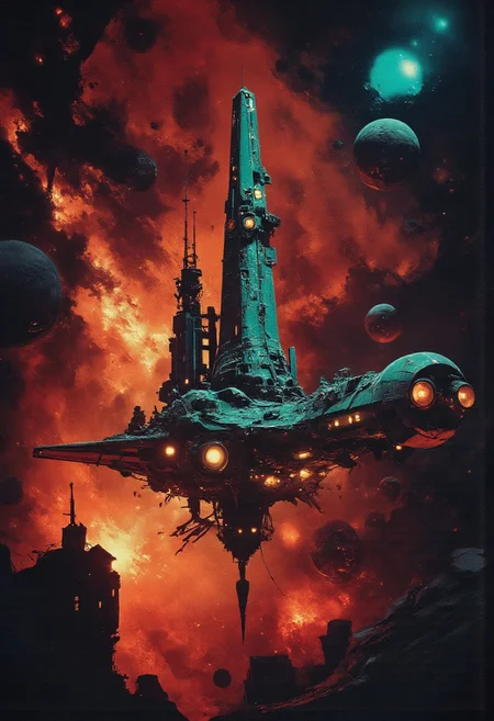 A solitary, colossal spaceship, its bright long hull damaged by endless of interstellar travel, drifts through a vast, cosmic void. The spaceship, a marvel of advanced technology, is bathed in the ethereal glow of distant nebulae. Its surface shimmers with energy particles, reflecting the celestial bodies that surround it. The ship's silhouette, illuminated by the cold, blue light of its engines, is a stark contrast against the inky blackness of space. The scene is both awe-inspiring and unsettling, a testament to the vastness of the universe and the fragility of human existence. The painting should be rendered in a hyperrealistic style, with a focus on intricate details and dramatic lighting. A predominantly red and neon green color palette should be used to create a cyberpunk aesthetic. best quality,masterpiece, (close-up),highly visible,godrays,bright lit