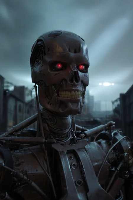 T800_Endo, Terminator robot, score_9, score_8_up, score_7_up, (source_IRL), masterpiece, high quality, highres RAW photo, ((close-up shot))
a T800_Endo Terminator Robot with red eyes, <lora:T800_Endo_Terminator_Pony_v1:1>
(standing)
in a destroyed apocalyptic city, dark cloudy skies, Apocalyptic Landscape, destroyed city
dynamic lighting, highly detailed, intricate details, shadows, sunbeams, light rays