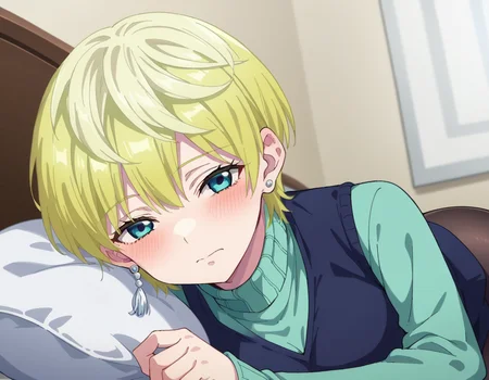 score_9, score_8_up, score_7_up, source_anime,
tenkaizumo, <lora:tenka-izumo-s1-ponyxl-lora-nochekaiser:1>
tenka izumo, short hair, blue eyes, blonde hair,
skirt, long sleeves, jewelry, pantyhose, earrings, vest, sweater, turtleneck, turtleneck sweater,
indoors, bed, bed room, on side, blush, drunk,
looking at viewer, cowboy shot, dutch angle, solo,