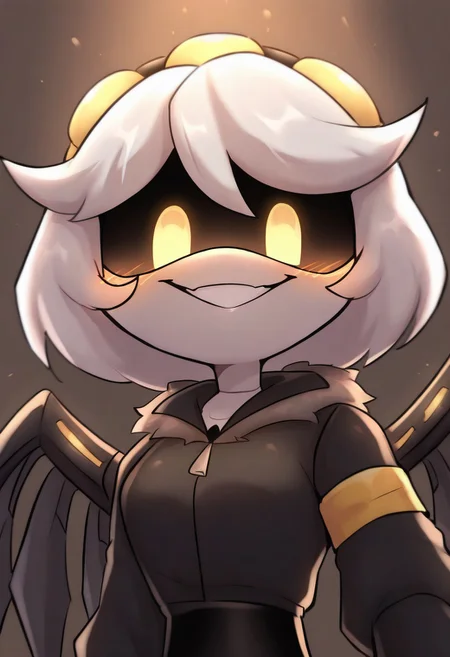 (masterpiece, high quality, highly detailed, best quality), SD-V, 1girl, solo, robot girl, humanoid robot, robot joints, hairband, short white hair, yellow eyes, solid circle pupils,fur-trimmed black jacket, armband, mechanical wings,
from below,hands,solo, looking_at_viewer, blush, smile, simple_background, 1girl, animal_ears, upper_body, female_focus, furry, furry_female, masterpiece, best quality, amazing quality,Sharp focus,