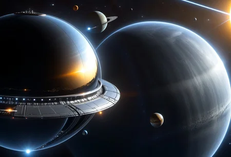 ultra realistic, sunlight from side
Perry Rhodan, spherical bullet Spaceship with ring bead, metallic surface, high reflections
background (andromeda, some planets with moons, satellits and friendly spaceships, solar transmitter),