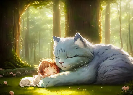block Ghibli style paint depicting (a tiny human and a cat, uwu) is sleeping cuddling with the (Giant adorable fluffy cat sleeping on all fours), in a magical forest , (closed eyes), blush:0.2, posed character portrait design study, backlit, light rays, highly detailed, trending on artstation, ((size different)), peaceful, cuddling, (smile, uwu), cozy