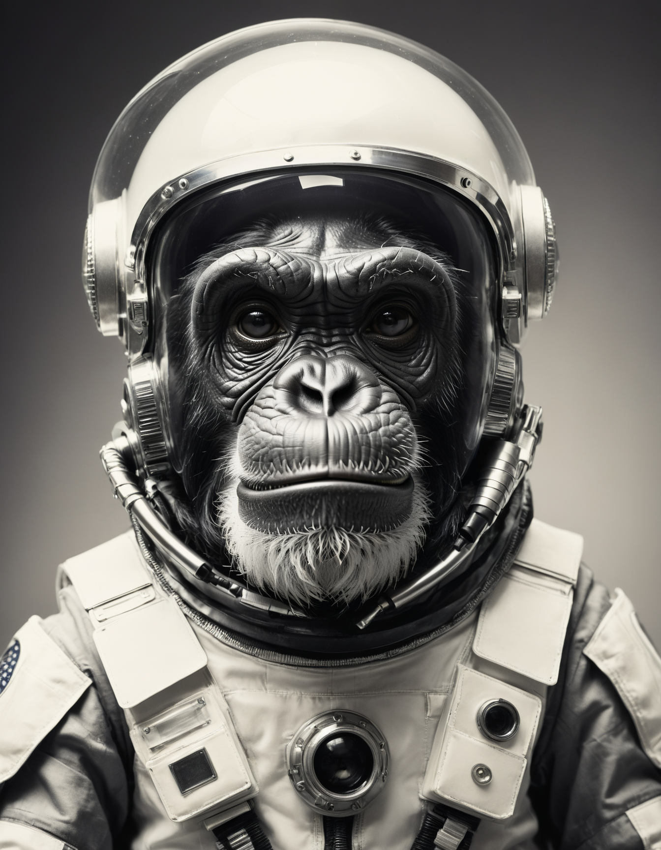 a black and white vintage polaroid photo of an old chimpanzee wearing a futuristic astronaut glass helmet (hyper detailed, expressive,  award winning, high contrast, depth of field, highly dynamic, greyscale, intricate details, masterpiece, best quality:1.4), white and ivory hue, spaceship interior background, 
<lora:add-detail-xl:0.5> <lora:xl_more_art-full_v1:0.5> <lora:looking_at_viewer:2>