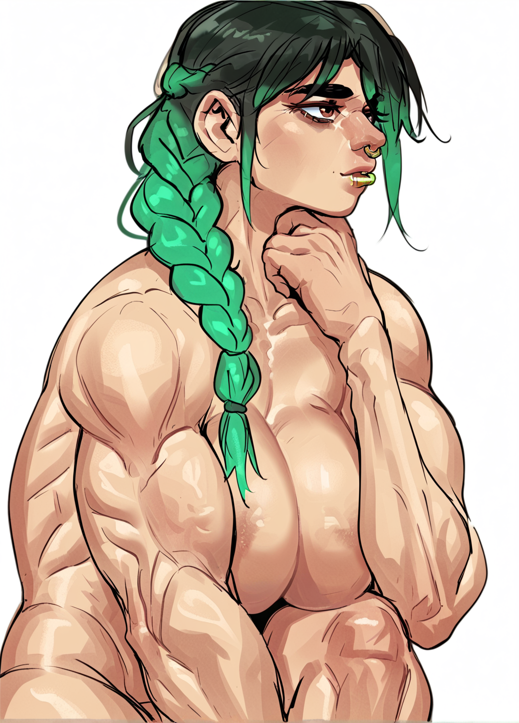 score_9, score_8_up, score_7_up, Face portrait, close-up, Jadesb, (thick neck), nose ring, futanari, brown eyes,  1girl, futanari,  solo, black hair, green hair, gradient hair, twin-braid hairstyle, muscular futanari, sitting, giant breasts, looking away, hand under chin, <lora:Streachybear_Style_V4:0.8> <lora:Jade_Streachybear:0.5>
